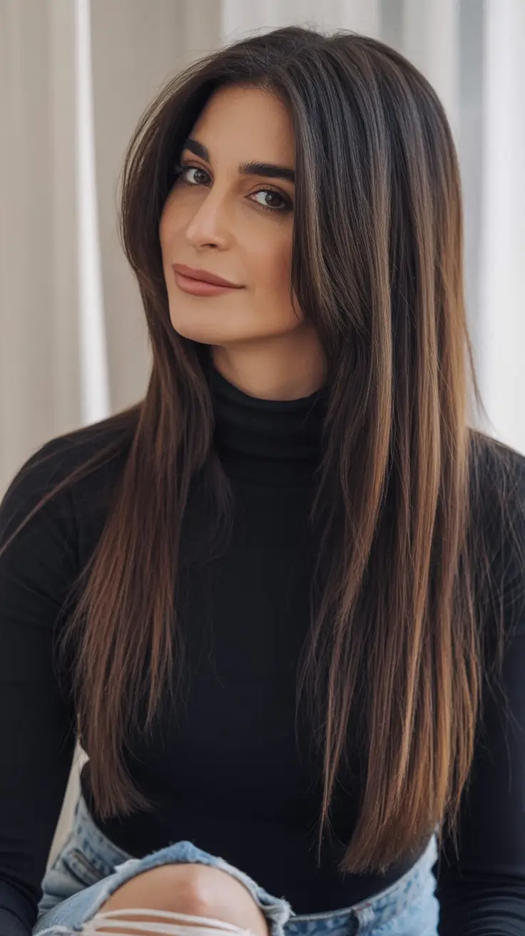 Fall brown hair color Sleek Straight Chocolate Brown With Subtle Lift