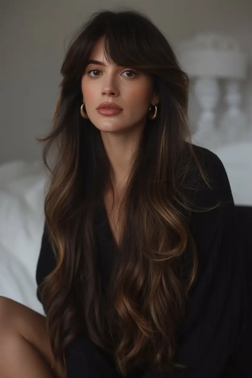 Fall brown hair color Soft Brunette Layers With Curtain Fringe