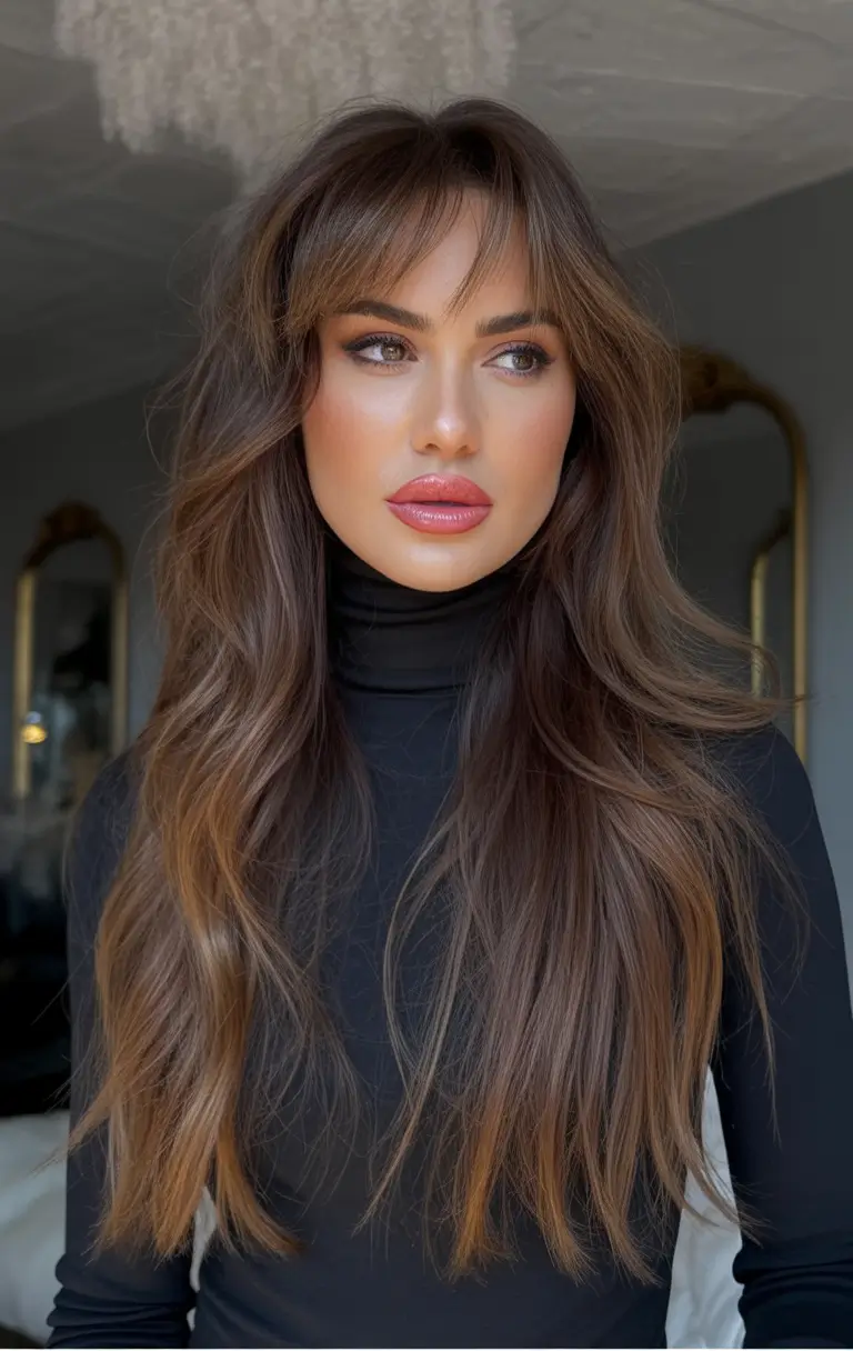 Fall brown hair color Honey Brown Layers With Airy Fringe