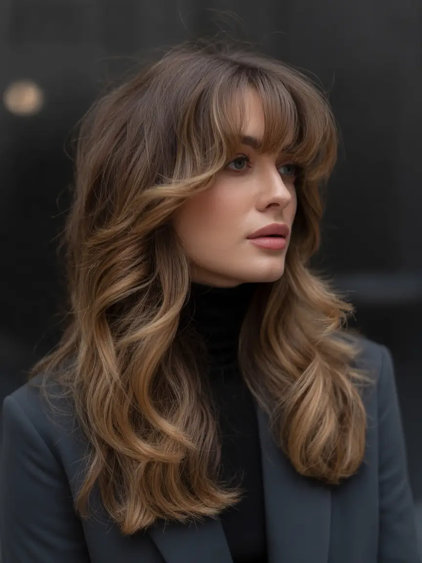 Fall brown hair color Dimensional Layers With Face-Illuminating Lowlights