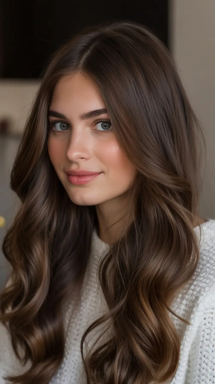Fall brown hair color Classic Cocoa Gloss With Polished Waves