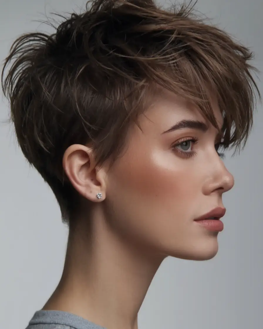 Fall brown hair color Textured Brunette Pixie With Tousled Layers