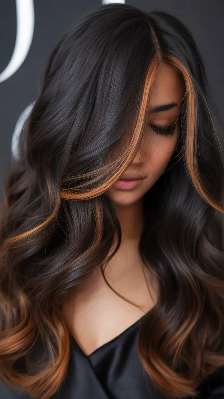 Fall brown hair color Dark Roast Brunette With Gingerbread Money Piece