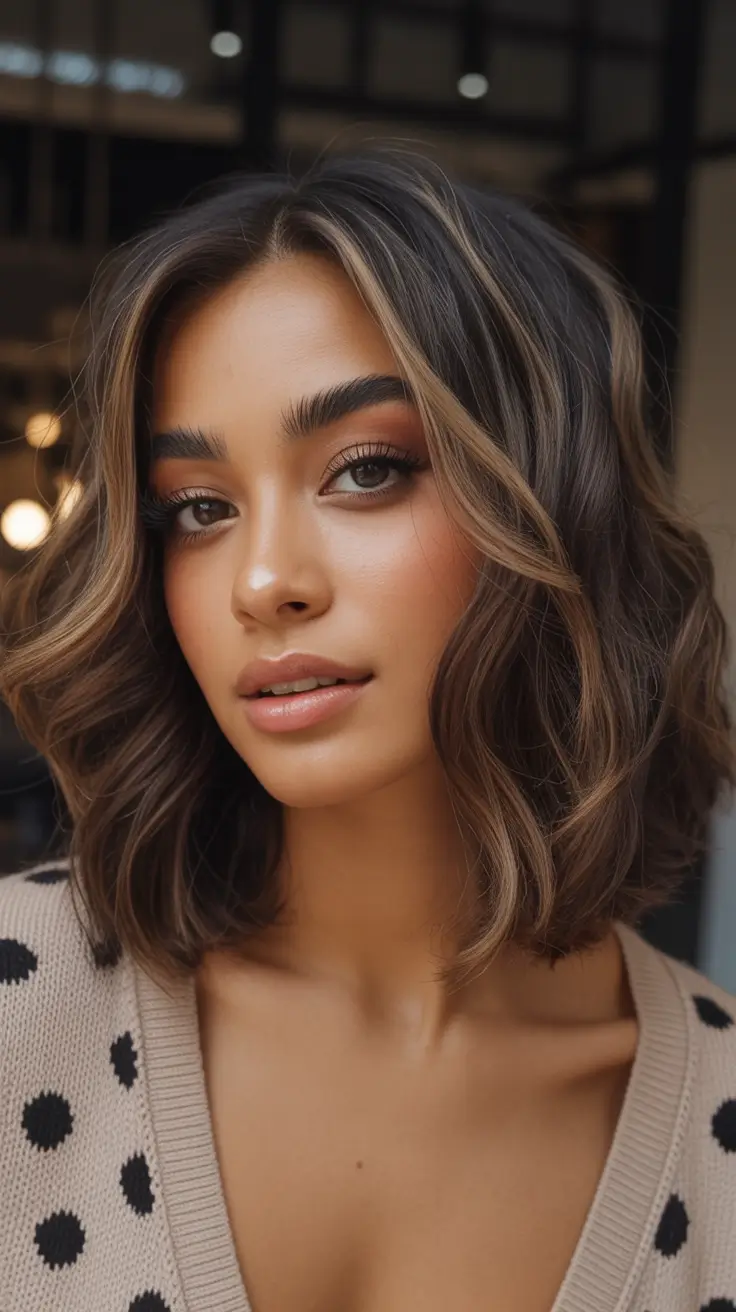 Fall brown hair color Textured Bob With Golden Money Piece