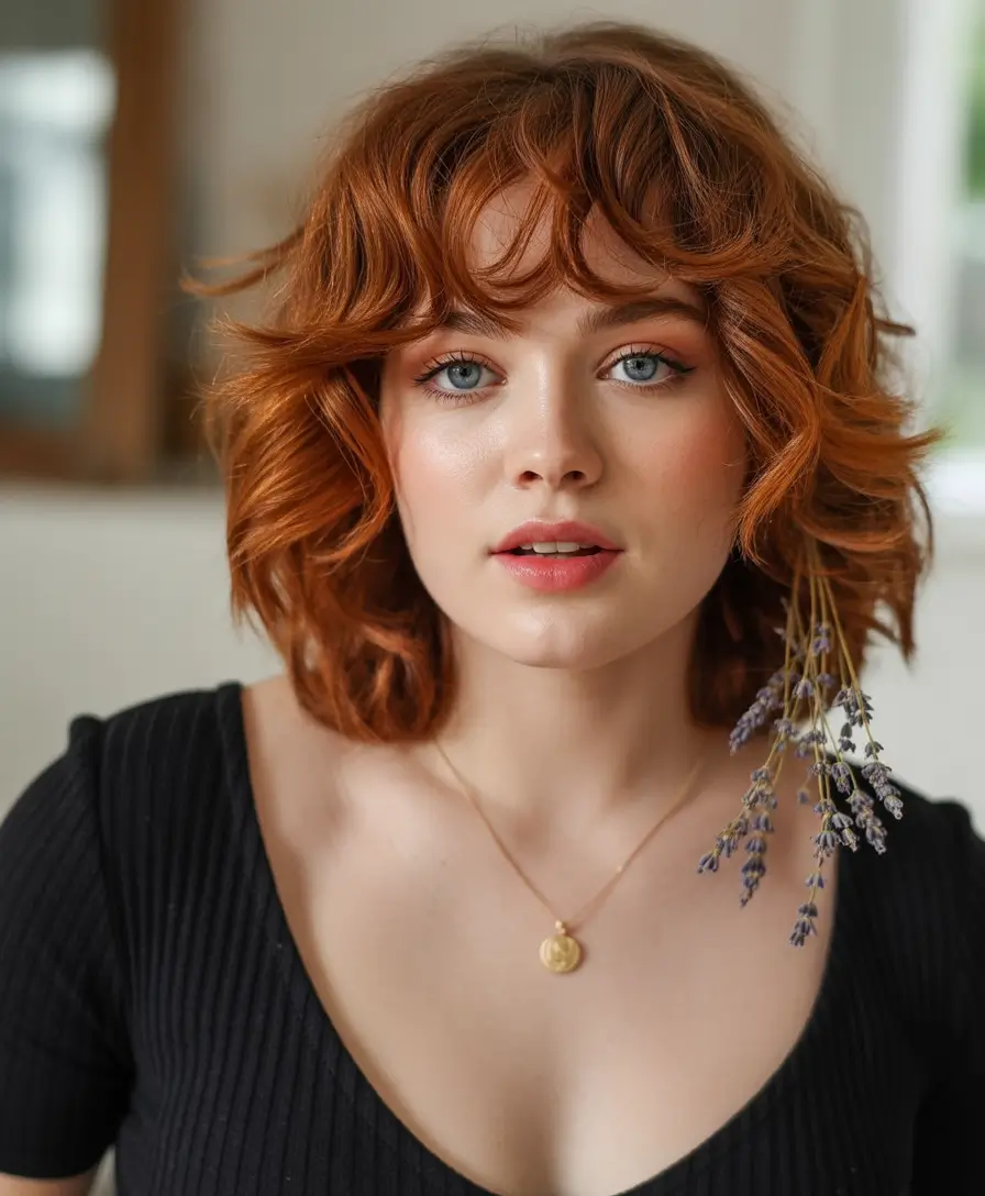 caramel autumn fall hair colors Curly Cinnamon Chop with Fringe Drama