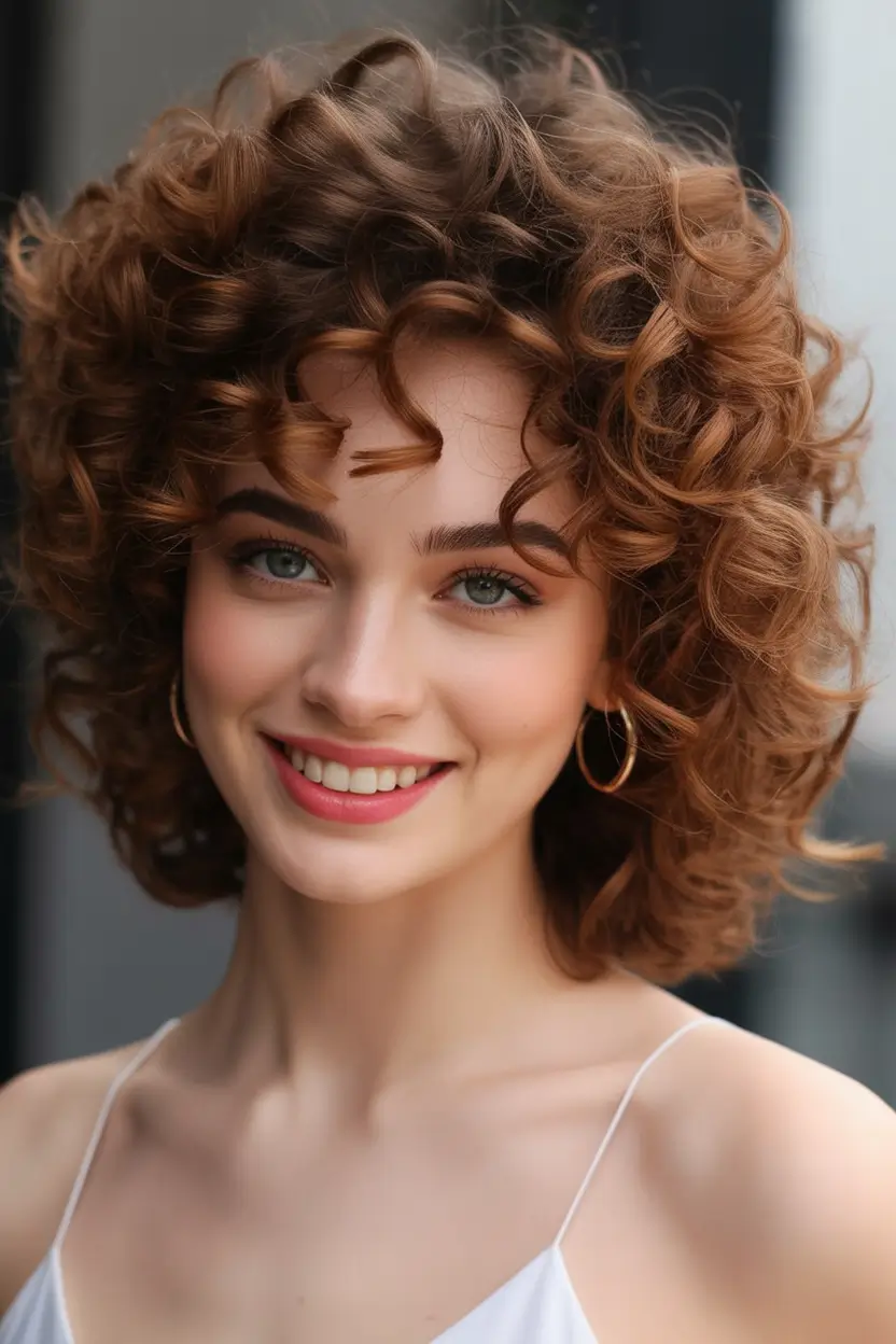 caramel autumn fall hair colors Maple Curly Bob with Bronze Shine