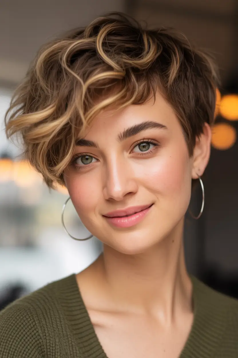caramel autumn fall hair colors Textured Pixie with Caramel Tones