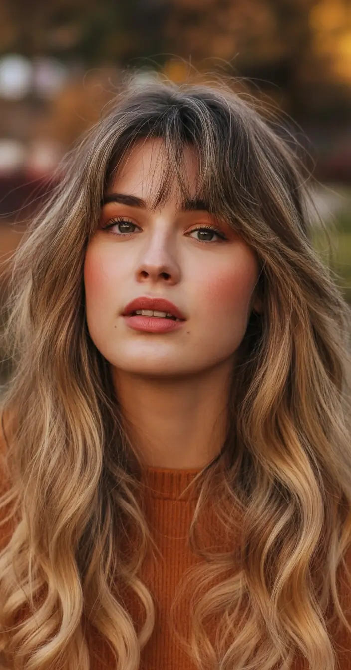 caramel autumn fall hair colors Autumn Root Stretch with Windswept Curtain Fringe