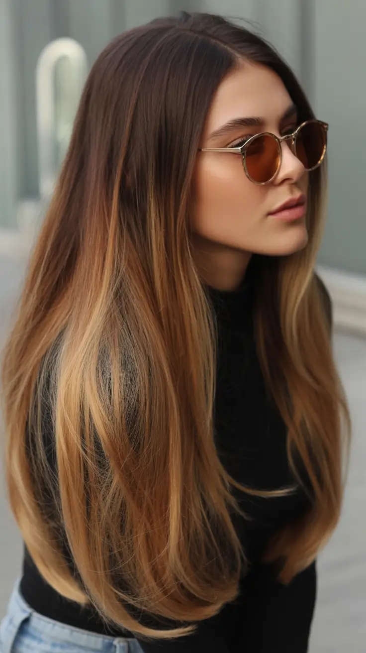 caramel autumn fall hair colors Rooted Blonde Fade with Sunglow Finish