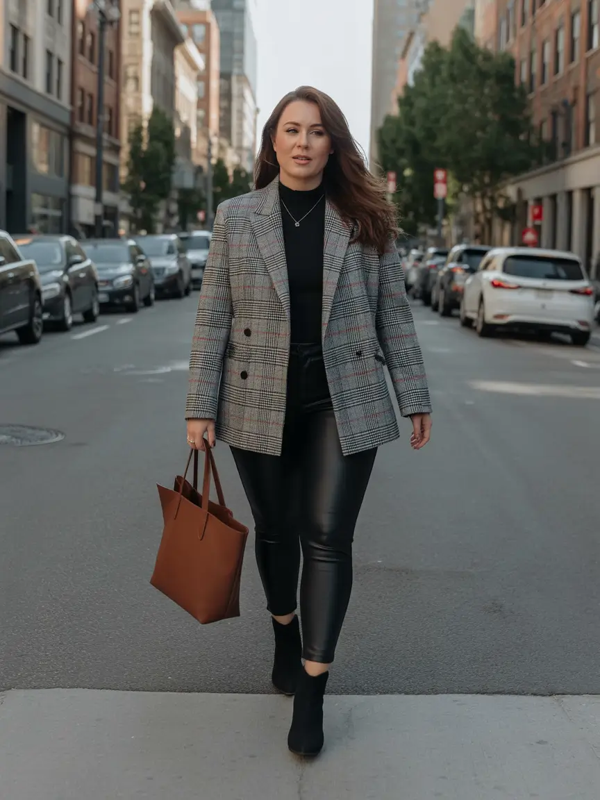 curvy fall outfits Plaid Takeover With Leather Sharpness