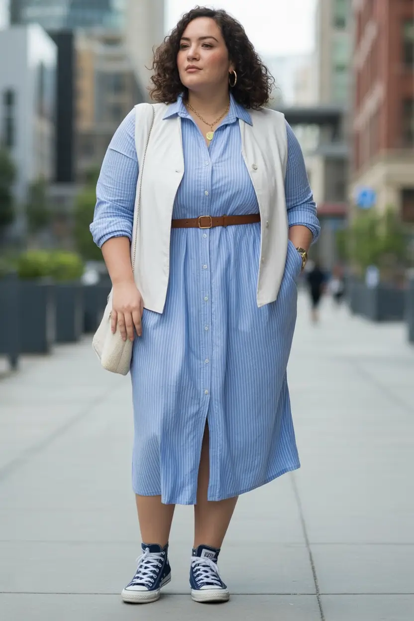 curvy fall outfits Preppy Denim With a Sneaker Twist