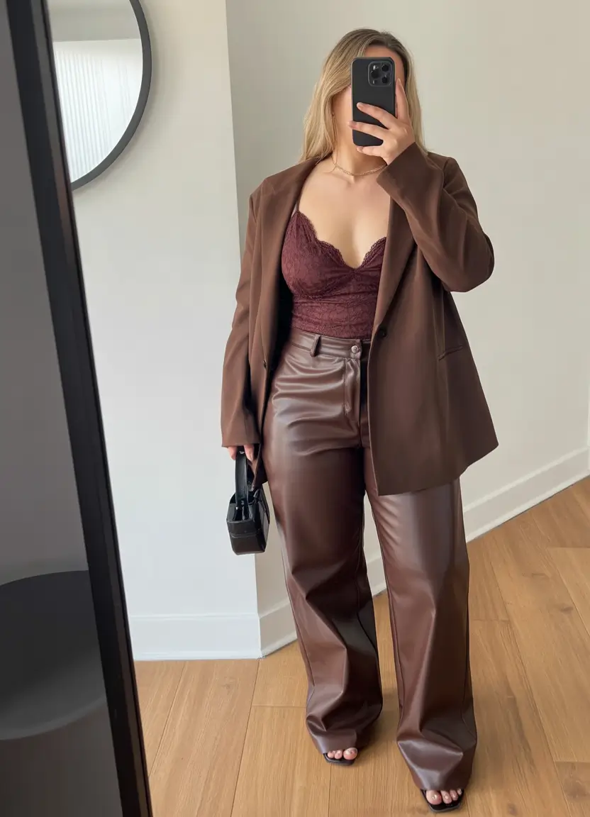 curvy fall outfits Chocolate Blazer Energy