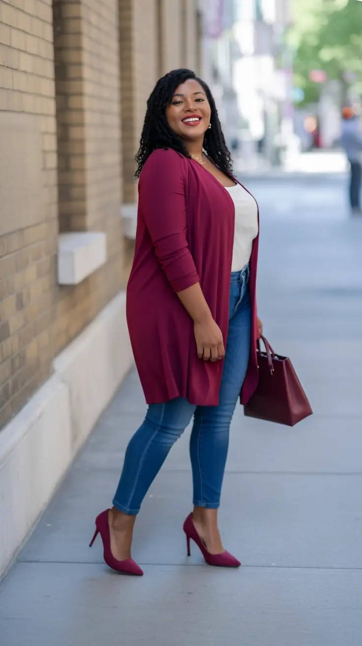 curvy fall outfits Bordeaux Layers and Denim Days