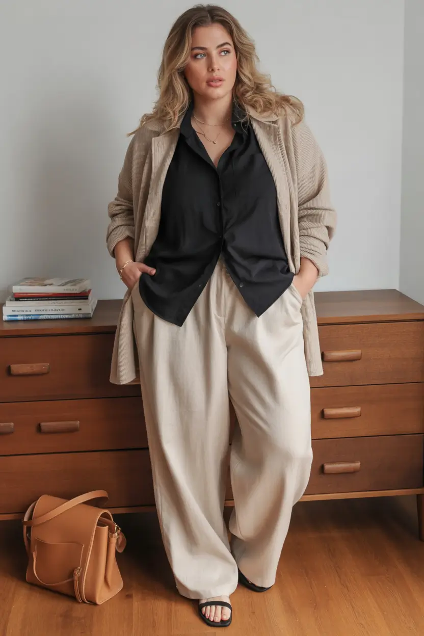 curvy fall outfits Natural Textures With Lounge-Day Luxe