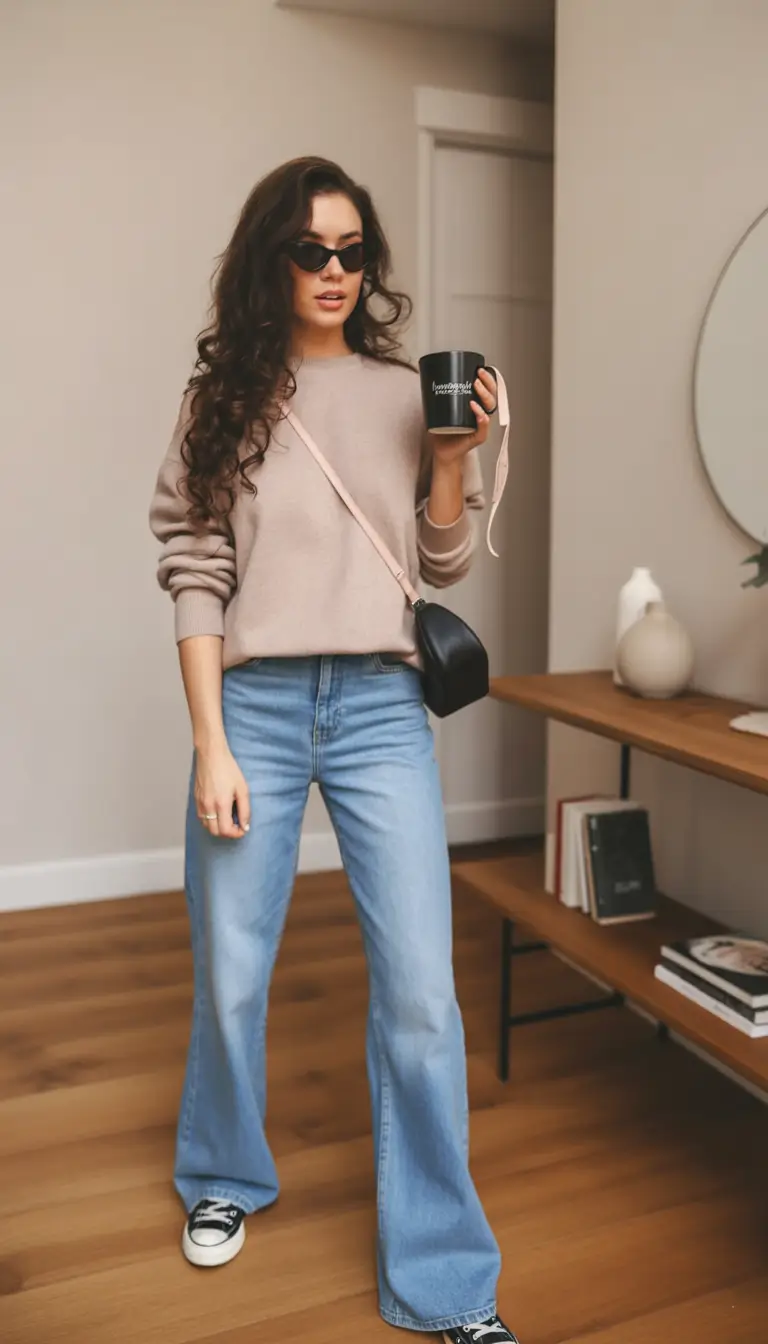 mom outfits for fall Retro Mood with Wide-Leg Denim Ease