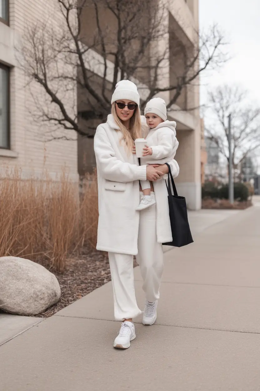 mom outfits for fall Winter Whites: Matching Your Mini in Monochrome