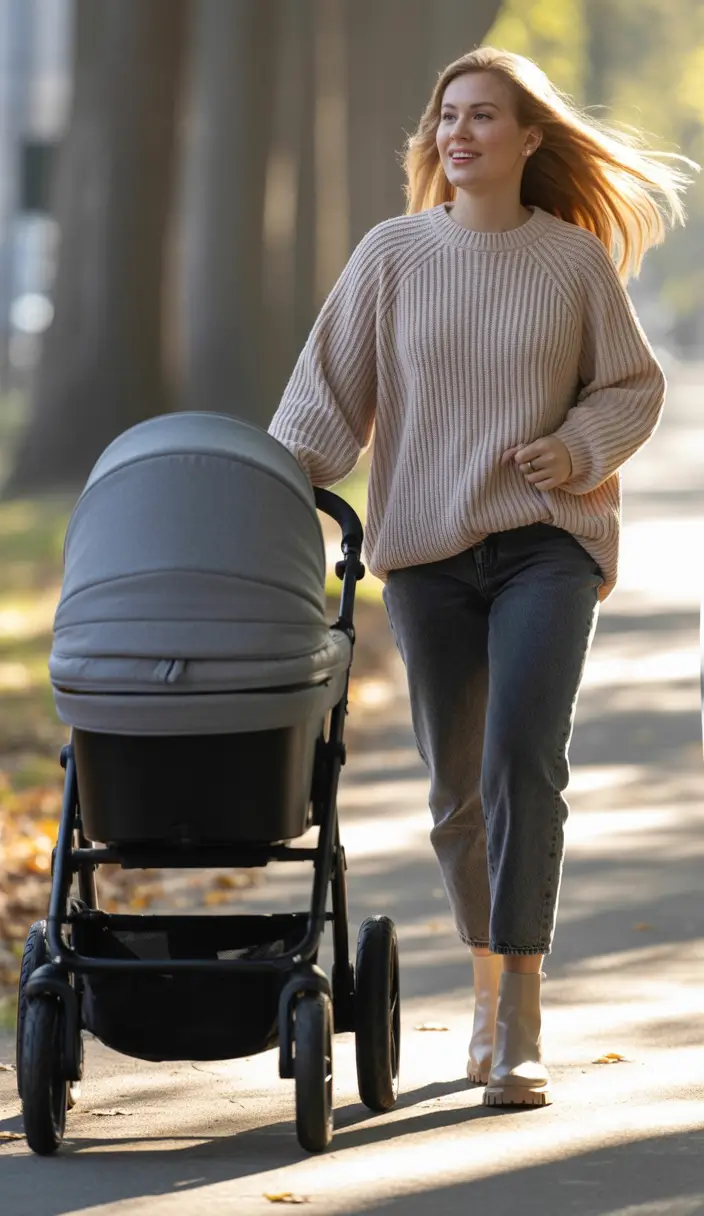 mom outfits for fall Cozy Neutrals and Washed Denim for Fall Walks