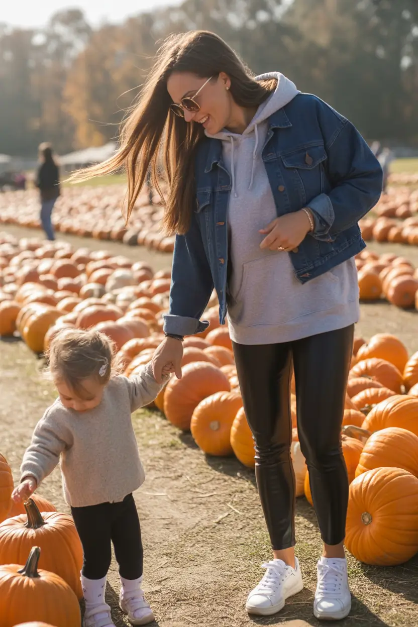 mom outfits for fall Denim & Faux Leather: Pumpkin Patch Perfection