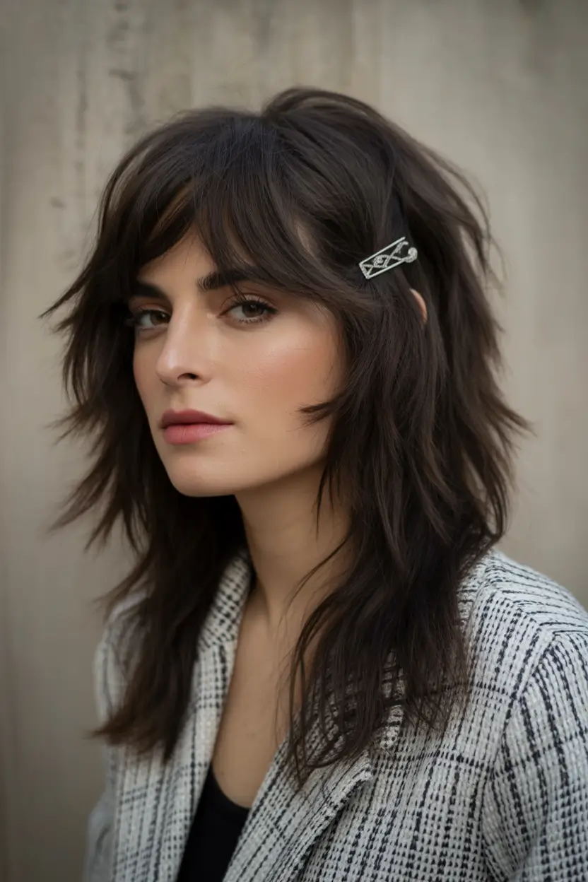 dark brown fall hair colors Textured Shag with Jet Rooted Depth