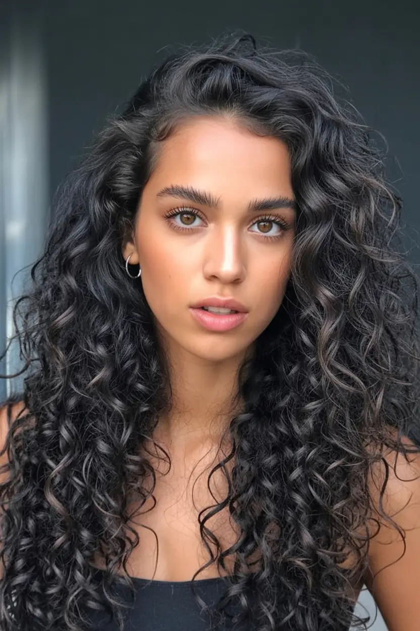 dark brown fall hair colors Inky Coils with Cool-Toned Shine