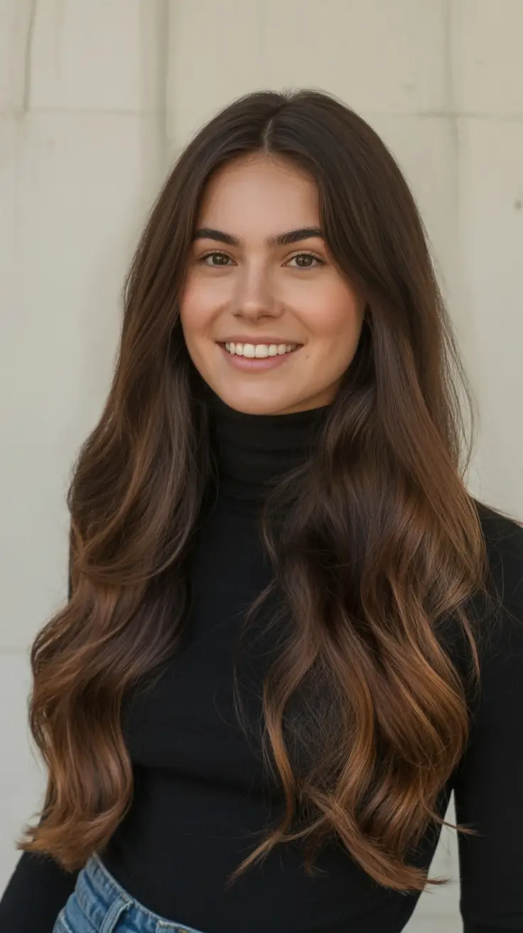 dark brown fall hair colors Burnished Auburn Balayage with Face Glow Layers