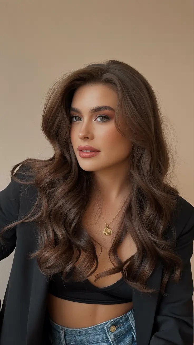 dark brown fall hair colors Cool Chestnut Layers with Lifted Crown