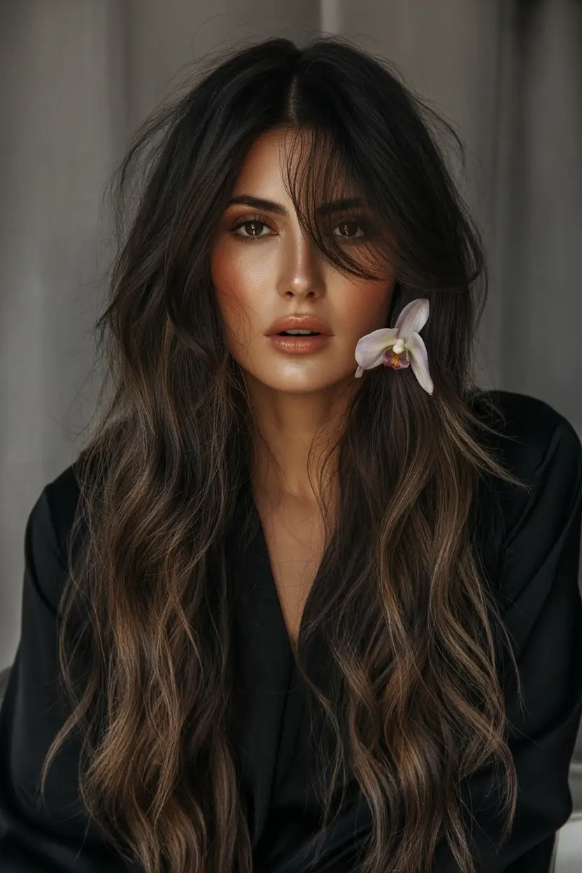 dark brown fall hair colors Misty Cocoa Length with Wispy Bangs