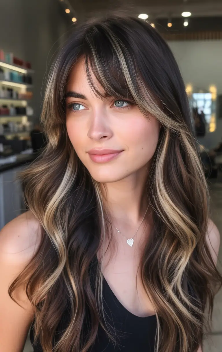 dark brown fall hair colors Money Piece Highlights with Soft Curtain Bangs