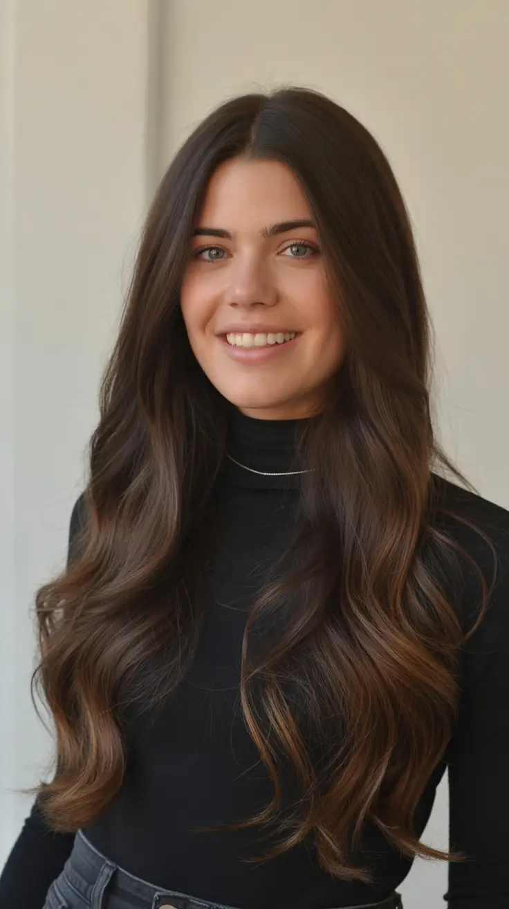 dark brown fall hair colors Espresso Soft Waves with Minimal Layers