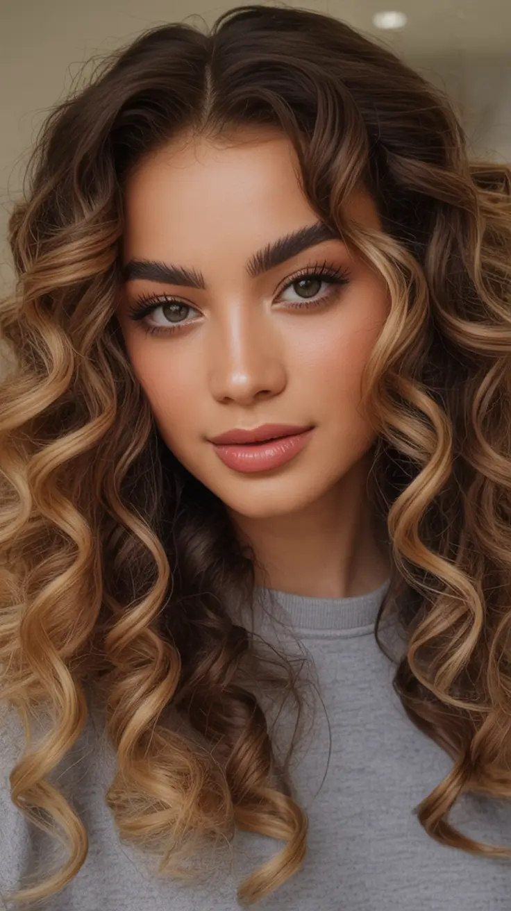 dark brown fall hair colors Golden Spiral Balayage on Brunette Curls