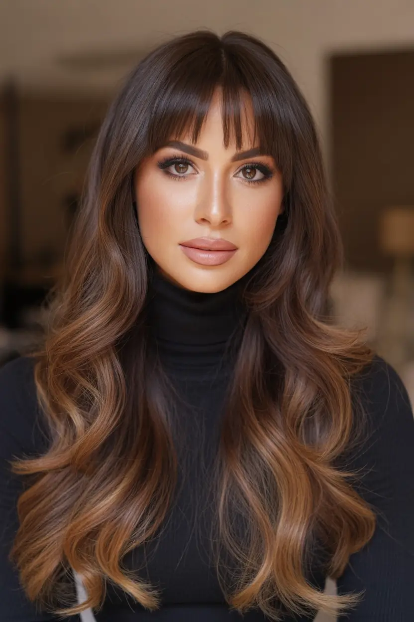 dark brown fall hair colors Smoky Cinnamon Ends with Straight Bangs