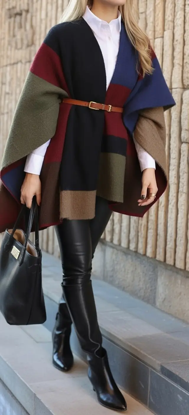 September outfits Artful Layers: Belted Cape and Sleek Neutrals