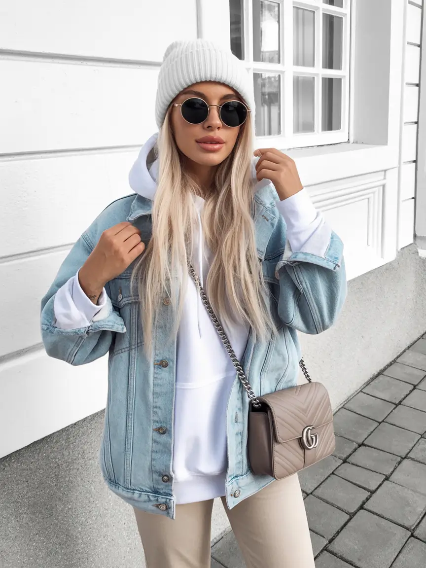 September outfits Layered Chill: Denim and Snowy Neutrals