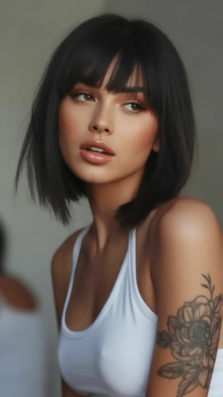 Fall bob haircut Sleek Slanted Bob with Full Bangs