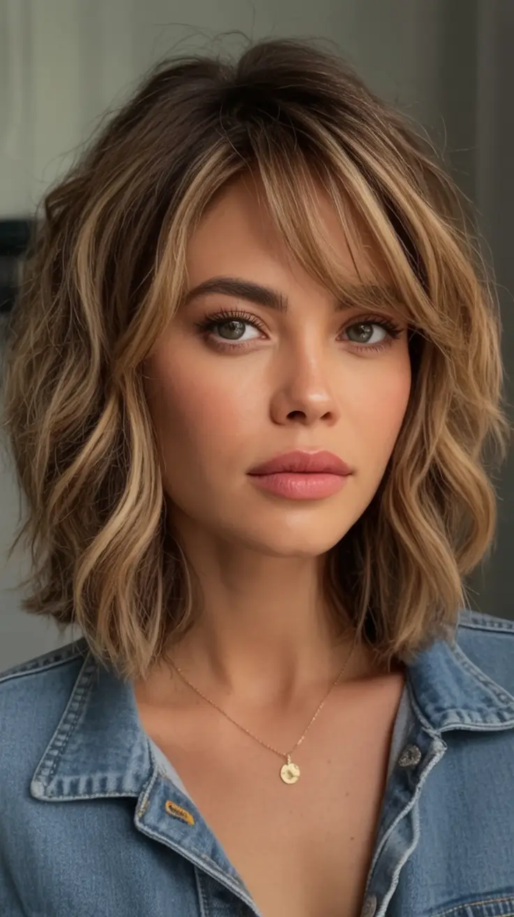 Fall bob haircut Textured Caramel Lob with Wispy Layers