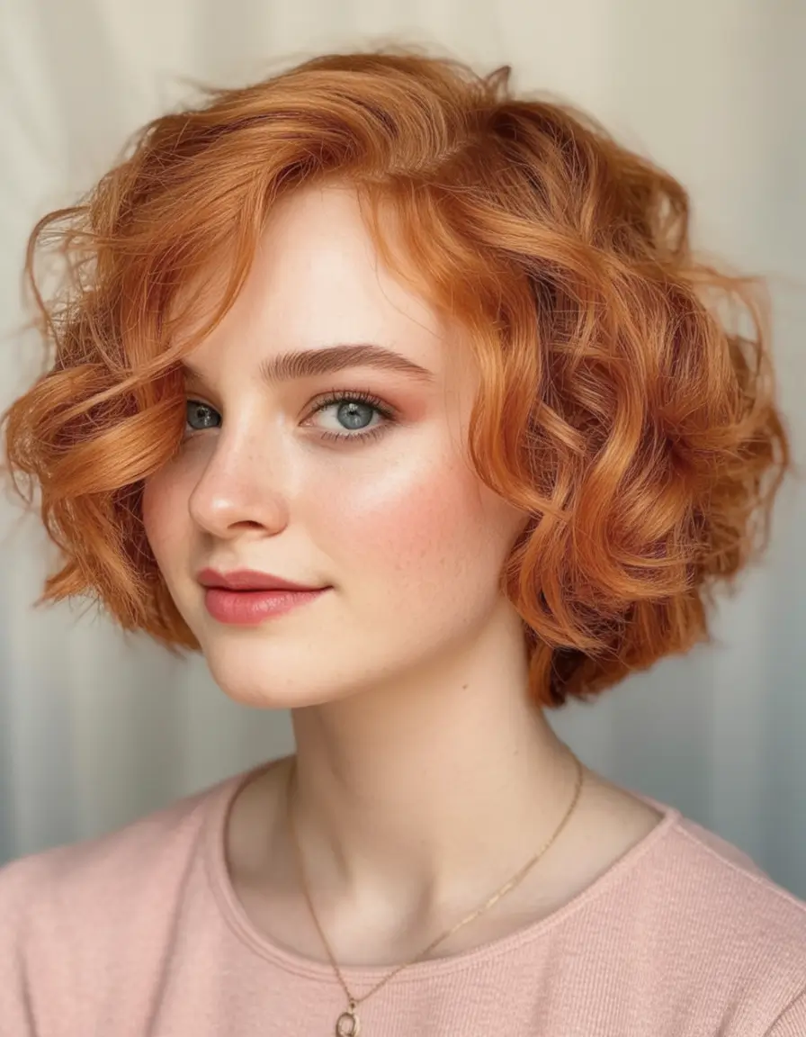 Fall bob haircut Copper Curl Bob with Vintage Warmth
