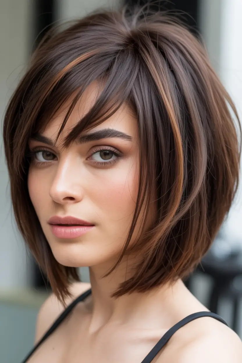 Fall bob haircut Stacked Chestnut Bob with Hidden Highlights