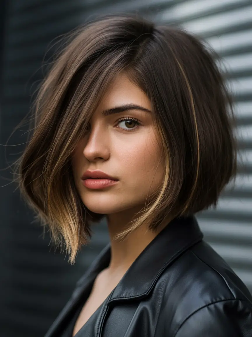 Fall bob haircut Slanted Espresso Bob with Caramel Glow