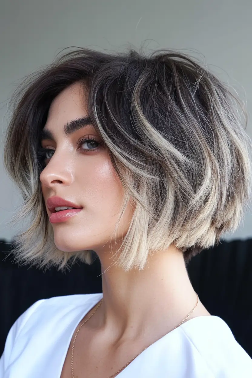 Fall bob haircut Soft Ash Balayage Bob with Tousled Ends
