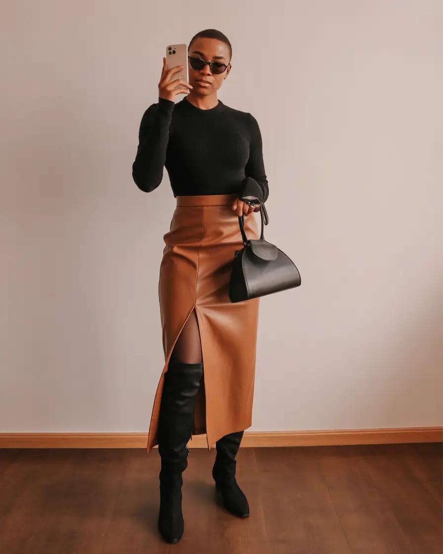 fall outfits for black women Leather & Power Lines in Autumn Neutrals