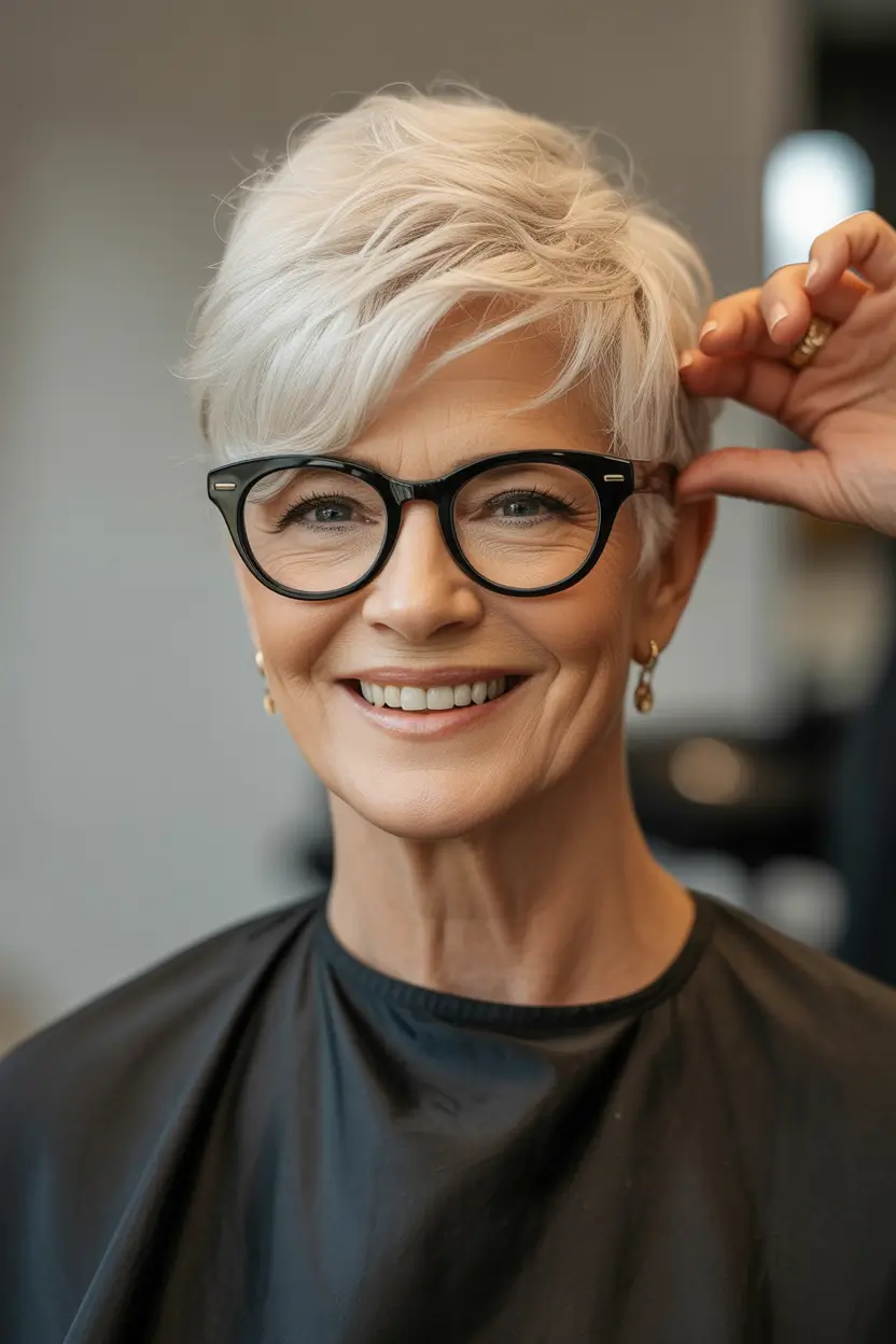 Fall hair color for women over 50+Snowy Platinum Crop with Airy Texture