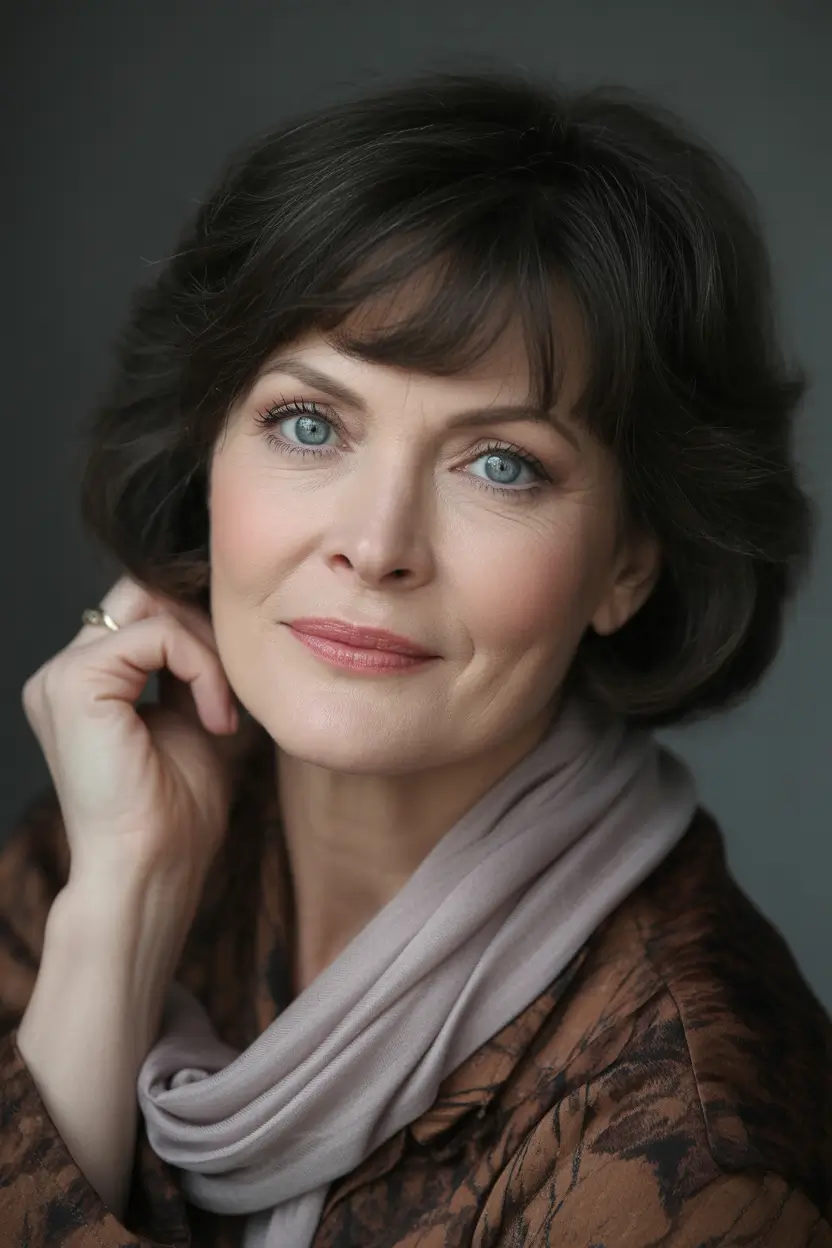 Fall hair color for women over 50+Espresso Brown Layers with Soft Bangs