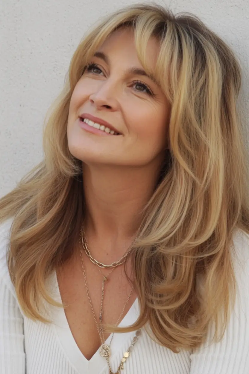 Fall hair color for women over 50+Golden Honey Layers with Long Curtain Bangs