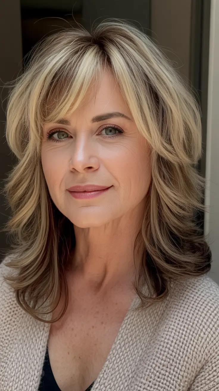 Fall hair color for women over 50+Rooted Blonde Shag with Smoky Ends