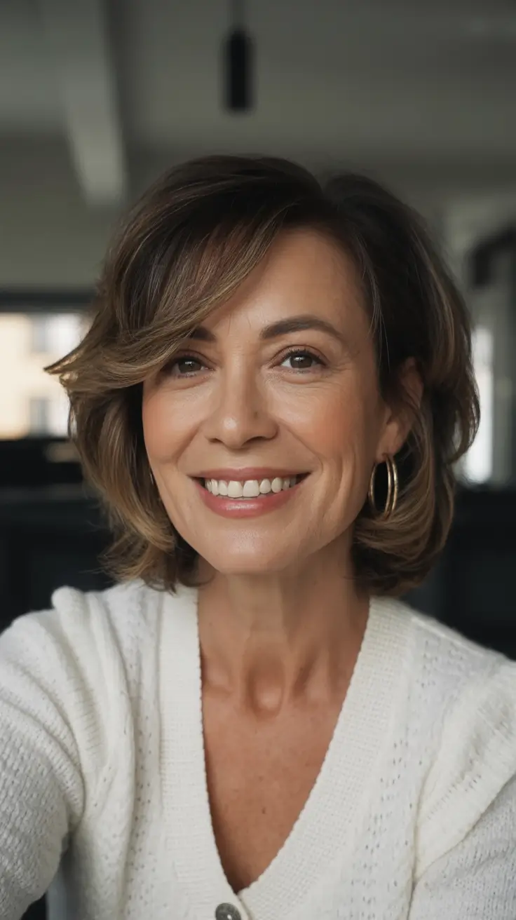 Fall hair color for women over 50+Brunette Bob with Warm Chestnut Lights