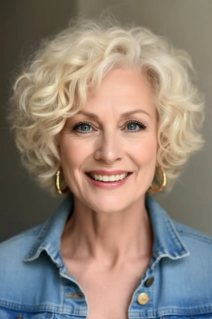 Fall hair color for women over 50+Soft Butter Blonde with Tousled Curls