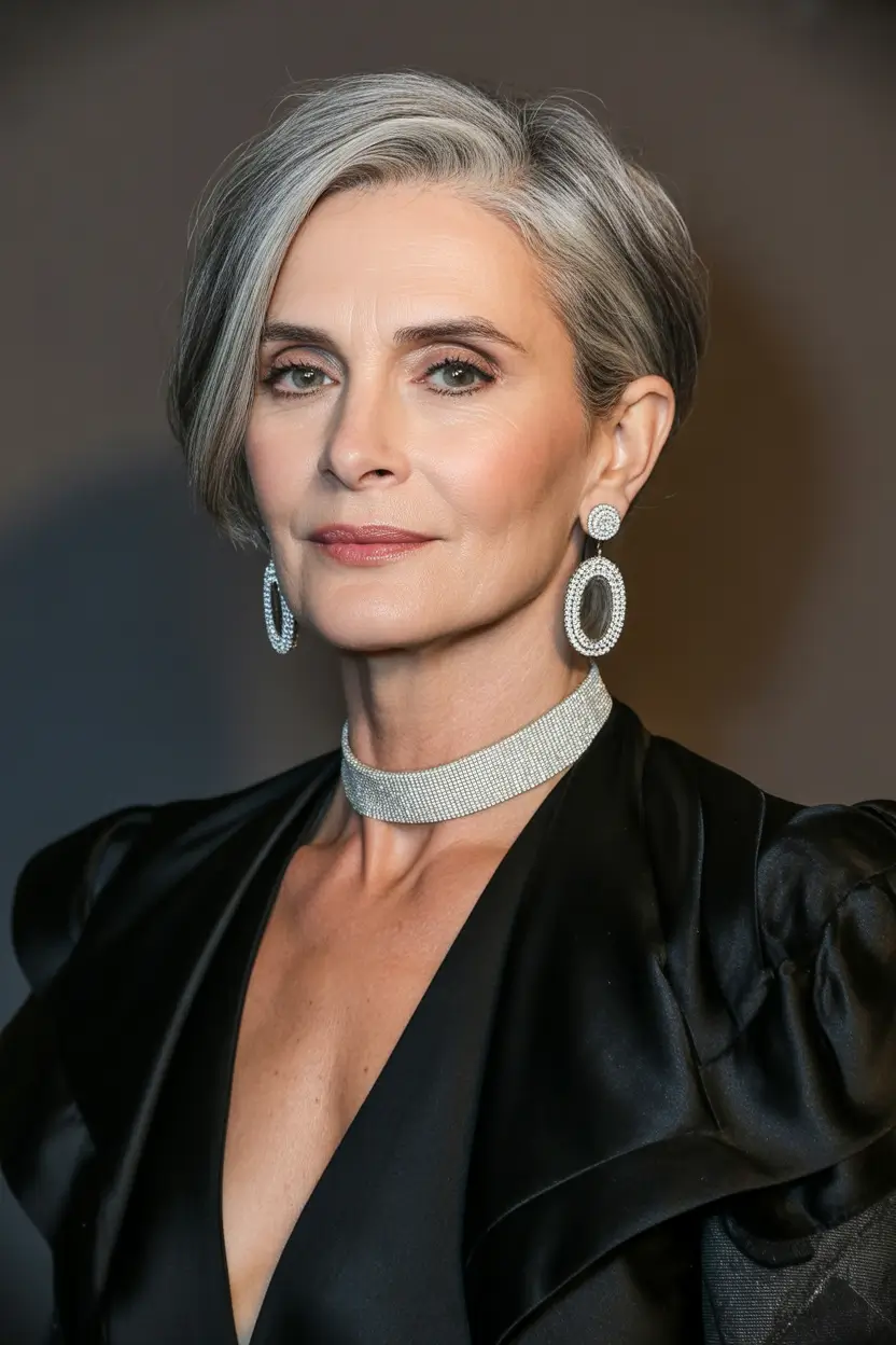 Fall hair color for women over 50+Silver Veil Side-Part with Vintage Glamour