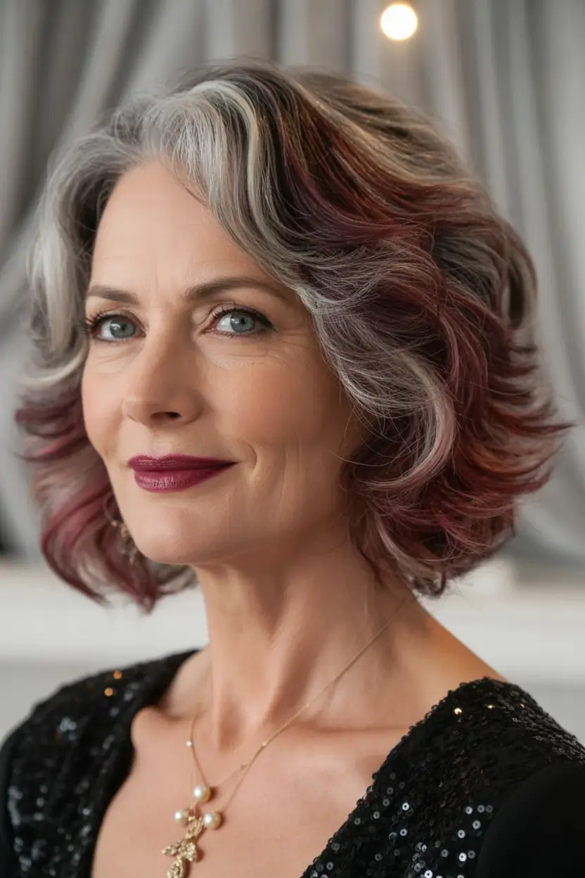 Fall hair color for women over 50+Smoky Silver with Plum Tips and Retro Shape
