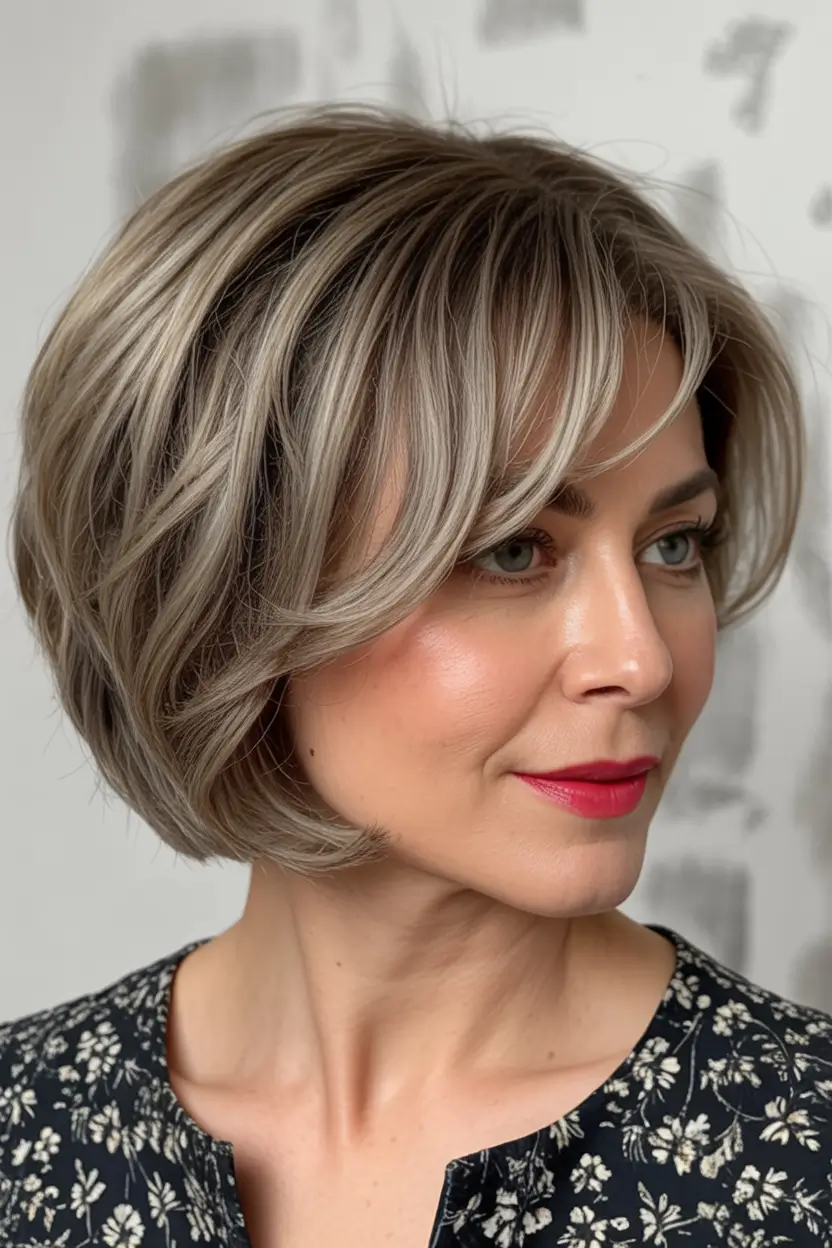 Fall hair color for women over 50+Cool Taupe Balayage with Curtain Bangs