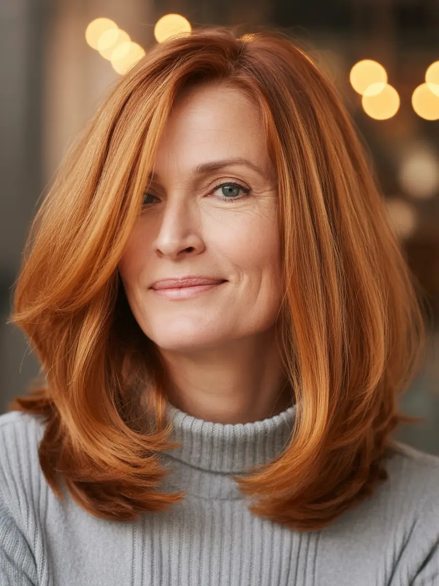 Fall hair color for women over 50+Layered Copper with Face-Framing Brightness